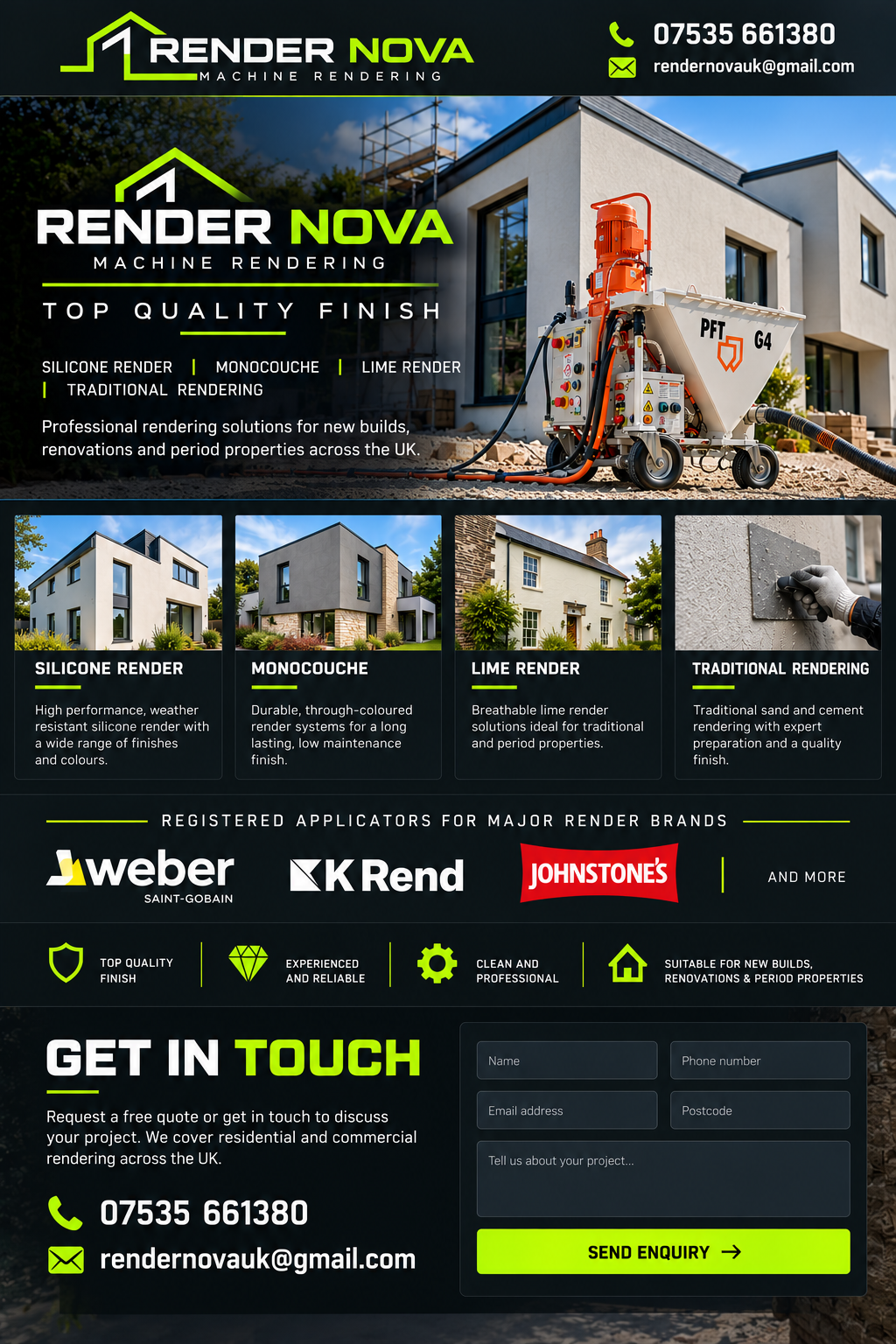 Render Nova Machine Rendering — Top Quality Finish. Silicone render, Monocouche, lime render and traditional rendering. Registered applicators for major render brands.